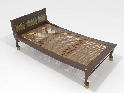 Multiple People Comfortable Rattan Bed With Wooden Frame And Golden Metal Legs 3d model