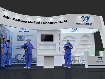 MedPurest Medical Technology Exhibition Booth With Staff In Blue Uniforms And Digital Screen 3d model