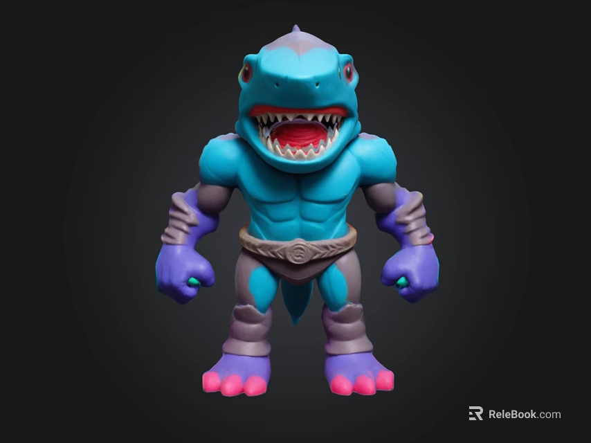 Blue Shark Toy Figure With Open Mouth Sharp Teeth Purple Arms And Pink Feet 3d model 