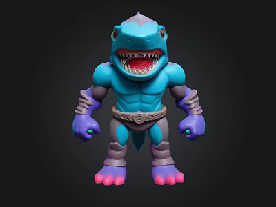 Blue Shark Toy Figure With Open Mouth Sharp Teeth Purple Arms And Pink Feet 3d model