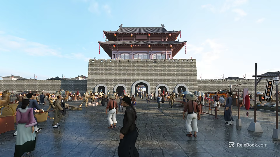 Ancient Architecture City Gate Tower With Traditional Design And Crowded Plaza With People 3d model 