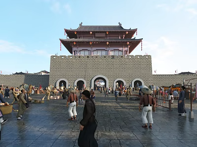 Ancient Architecture City Gate Tower With Traditional Design And Crowded Plaza With People 3d model