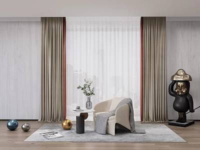Modern Curtains With Double Layer Sheer And Trim In Living Room With Sofa And Carpet 3d model