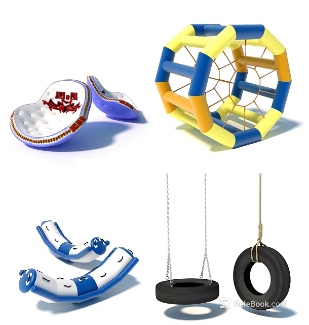 Colorful Outdoor Playground Equipment With Padded Swing Seats Climbing Net And Tire Swing 3d model 