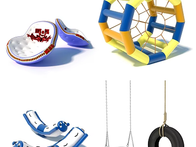 Colorful Outdoor Playground Equipment With Padded Swing Seats Climbing Net And Tire Swing 3d model