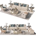 Modern Beige Sofa Coffee Table Set With Blue Pillows Side Tables And Ottoman 3d model