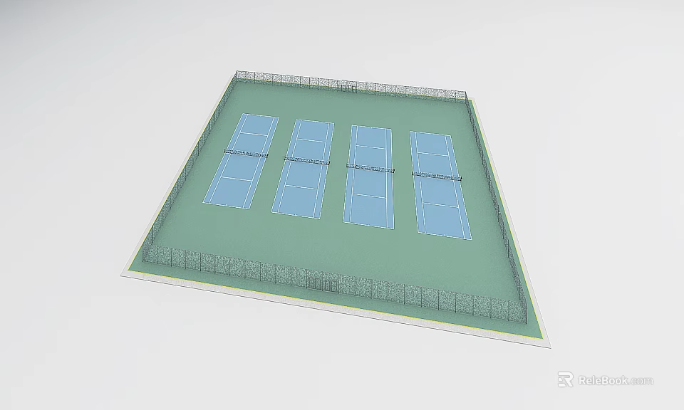 Outdoor Sports Fitness Tennis Courts With Four Playing Areas Green Surface And Surrounding Fence 3d model 