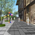 Modern Commercial Landscape Featuring Glass Building Outdoor Plaza Green Trees Tables And Balloons