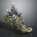 Cartoon Scene With Floating Rock Platform Crystals Moss And Small Figure 3d model