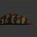 Vibrant Fantasy Creature With Green Body Red Stripes Orange Spikes And Red Eyes