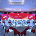 Elegant Banquet Hall Setup For 40th Anniversary With Red Backdrop And Lighting 3d model