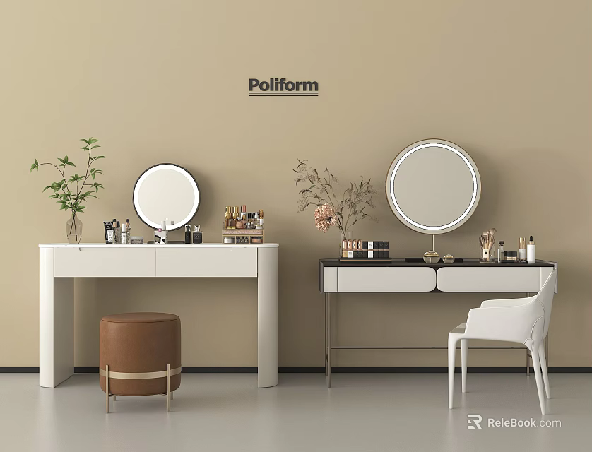 Modern White Dressing Tables with Round Mirrors Stools and Decorative Accessories 3d model