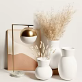 Modern Decorative Ornament Set With White Vases Gold Lamp Dried Pampas Grass And Geometric Art