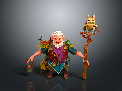 Wise Old Man With White Hair Beard Green Purple Clothes Lantern Owl Staff 3d model