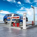 Automobile Display Rack Featuring Blue SUV on Exhibition Stand with Signs