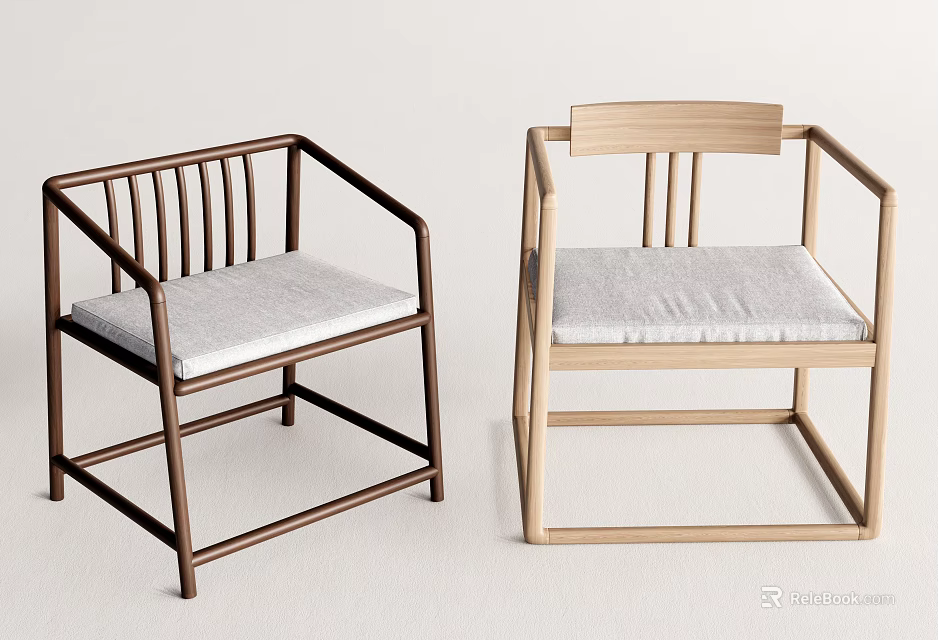 Two Modern Leisure Chairs With Wooden Frames And Gray Cushions In Different Tones 3d model 
