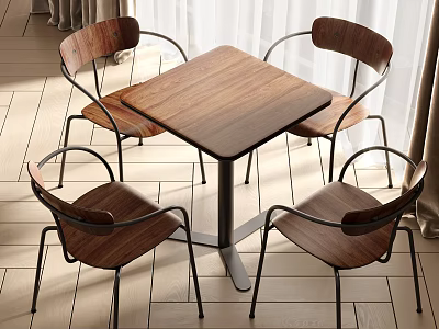 Square Wooden Table with Four Metal Leg Chairs in Modern Dining Interior 3d model