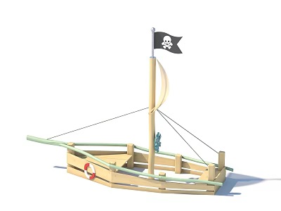Garden Ornament Wooden Pirate Ship Design With Black Skull Flag And Red Lifebuoy 3d model