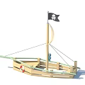 Garden Ornament Wooden Pirate Ship Design With Black Skull Flag And Red Lifebuoy