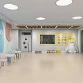Bright Kindergarten Activity Room With Colorful Circular Walls Bookshelves Small Tables Chairs Toys TV Plants