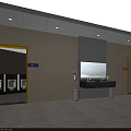Public Restroom With Yellow Door Frames Male Female Entrances Large Screen TV And Wash Basin