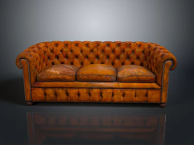 Elegant Classic Orange Leather Tufted Sofa With Three Cushions And Armrests 3d model