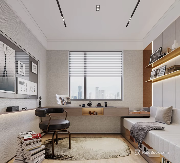 Modern Study Room Interior With Desk Chair Bookshelf And City View 3d model 