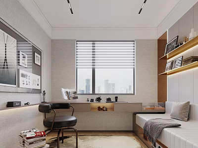 Modern Study Room Interior With Desk Chair Bookshelf And City View 3d model