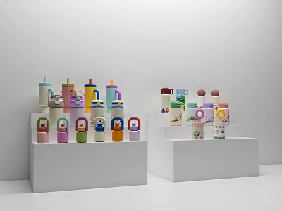 Colorful Water Bottles And Cups On White Display Stands With Various Designs 3d model