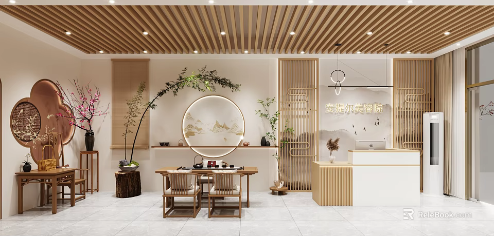 SPA Sauna Lounge Area With Wooden Decor Round Mirror Green Plants And Tea Set 3d model 