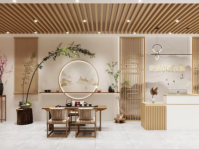 SPA Sauna Lounge Area With Wooden Decor Round Mirror Green Plants And Tea Set 3d model