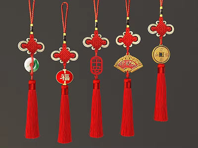 Chinese Traditional Red Hanging Decorations with Various Fortune Characters Coin and Tassel Designs 3d model
