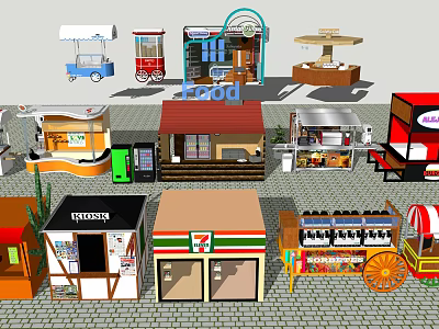 Various Food Stalls Carts And Kiosks With Different Styles For Outdoor Retail 3d model