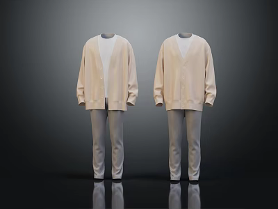 Beige Open Front Cardigan with White Inner Top and Light Gray Pants 3d model