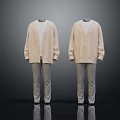 Beige Open Front Cardigan with White Inner Top and Light Gray Pants