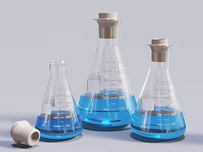 Medical Equipment Conical Flasks Graduated with Blue Liquid for Laboratory Use 3d model