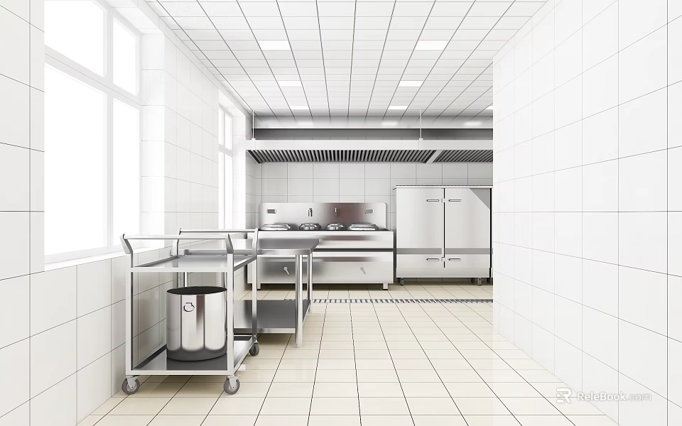 Commercial Kitchen Featuring White Tiled Walls Floors Stainless Steel Appliances Metal Cart And Natural Light 3d model 