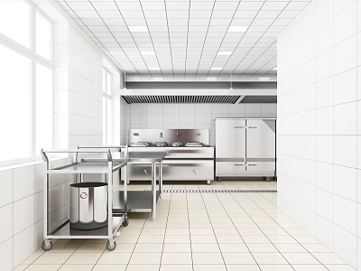 Commercial Kitchen Featuring White Tiled Walls Floors Stainless Steel Appliances Metal Cart And Natural Light 3d model