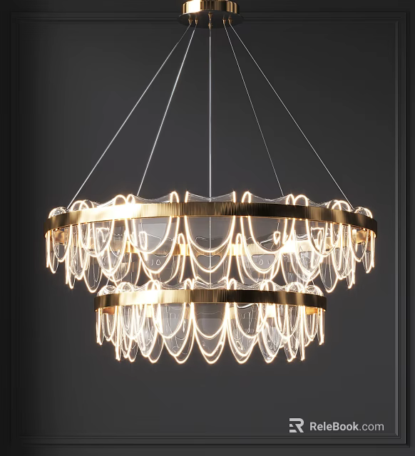 Modern Double Layered Chandelier With Golden Frame Transparent Decorations And Elegant Lighting 3d model 