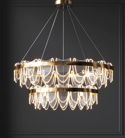 Modern Double Layered Chandelier With Golden Frame Transparent Decorations And Elegant Lighting 3d model