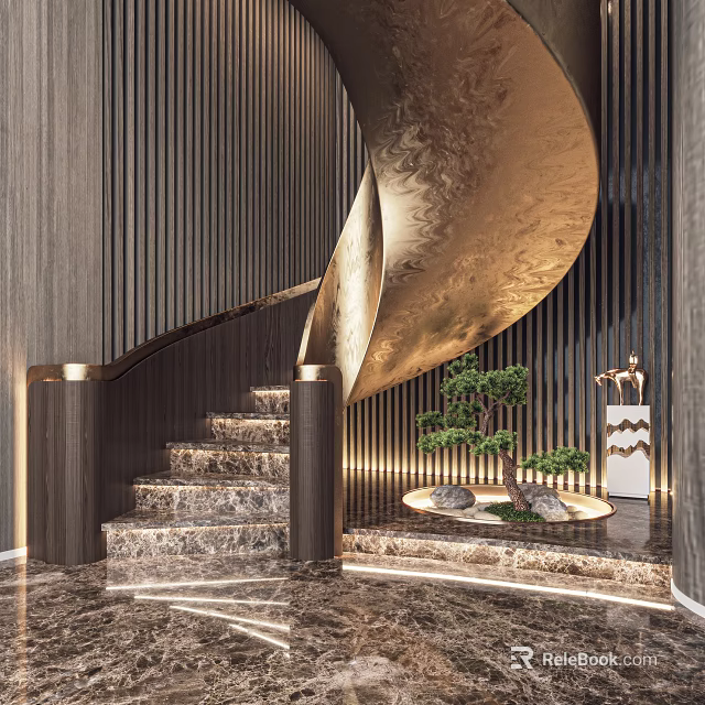 Modern Luxury Spiral Staircase With Marble Steps Golden Handrail And Wooden Wall Panels 3d model 