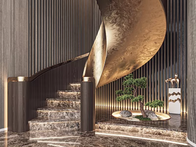 Modern Luxury Spiral Staircase With Marble Steps Golden Handrail And Wooden Wall Panels 3d model