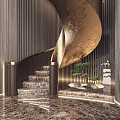 Modern Luxury Spiral Staircase With Marble Steps Golden Handrail And Wooden Wall Panels