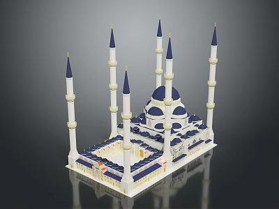 Traditional Mosque Architectural Design With White Blue Domes Tall Minarets And Gold Accents 3d model