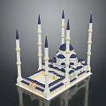 Traditional Mosque Architectural Design With White Blue Domes Tall Minarets And Gold Accents