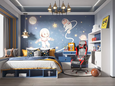 Kids Room With Blue Walls Astronaut Murals Stars Moons Bed Desk Gaming Chair And Chandelier 3d model
