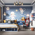 Kids Room With Blue Walls Astronaut Murals Stars Moons Bed Desk Gaming Chair And Chandelier