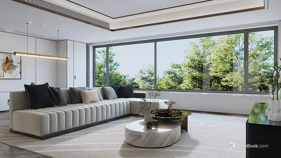 Modern Living Room With Large Windows Green Trees Beige Sofa And Round Marble Coffee Table 3d model 