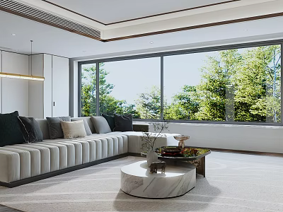 Modern Living Room With Large Windows Green Trees Beige Sofa And Round Marble Coffee Table 3d model