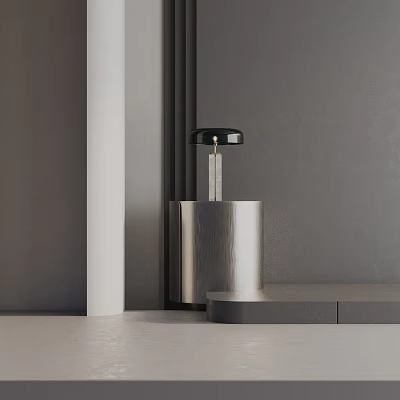 Modern Silver Side Table with Table Lamp in Minimalist Gray Room Interior 3d model